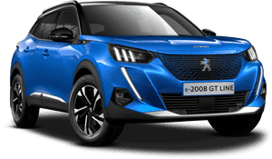 藍色Peugeot e-2008 GT Line電動SUV，帶有黑色飾條和現代頭燈。