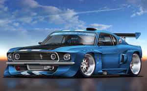 一輛帶有賽車貼花的藍色定制肌肉車停在夕陽天空下。 — 野馬GIF 壁紙