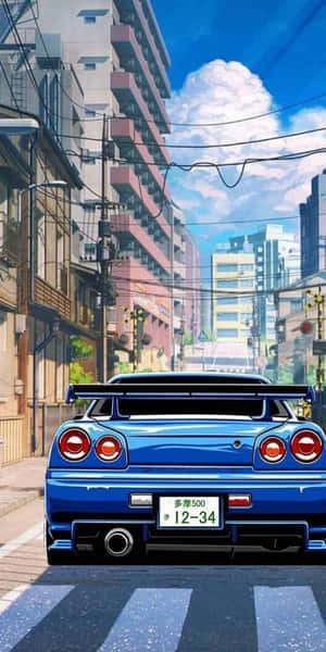藍色跑車在城巿街道上，有建築物和日落天空 — 日產 Skyline GTR R34 壁紙
