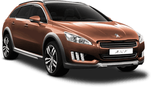 黑色背景上帶有銀色點綴的青銅色Peugeot RXH旅行車。