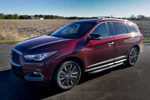 栗色Infiniti QX60 SUV停在鋪砌道路上，靠近開闊田野。 — 秋季 壁紙