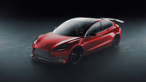紅色Tesla Model 3性能車，配有後擾流板，在黑暗的攝影棚地板上。 — 霓虹車 壁紙