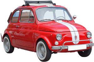 經典紅色Fiat 500，帶有白色賽車條紋和車頂行李架。