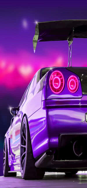 紫色跑車在霓虹夜晚背景下帶有發光的粉紅色燈光。 — iPhone 17 Pro Max 壁紙