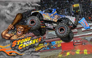 怪獸卡車 Stone Crusher 在空中越過被壓碎的汽車，吉祥物在體育場活動中手持球棒。 — 卡車 壁紙
