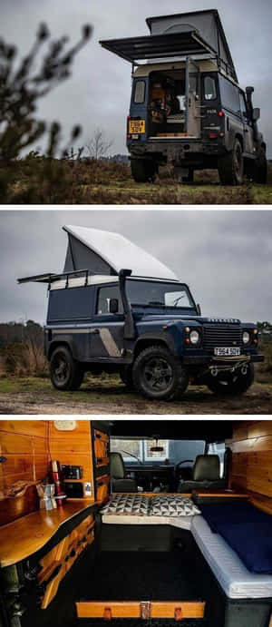 藍色 Land Rover Defender 配備車頂帳篷和木質內飾的露營設置。 — 紅米A7 壁紙