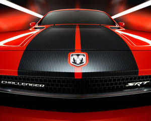 紅色Dodge Challenger SRT，帶有黑色碳纖維引擎蓋和賽車條紋。 — 道奇挑戰者 壁紙