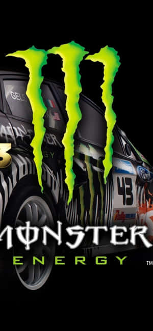 黑色拉力賽車，帶有斑馬條紋和Monster Energy標誌，背景為黑色。 — iPhone 18 壁紙