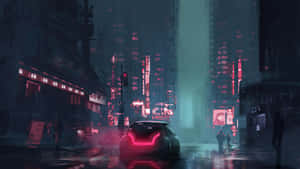 未來主義汽車在濕漉漉的霓虹燈城市街道上發出紅光。 — 電馭叛客2077 壁紙