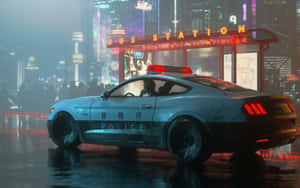 未來警車停在雨夜霓虹燈街道上。 — 桌面 壁紙