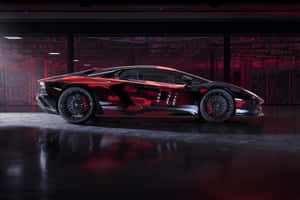 黑色藍寶堅尼 Aventador 帶有紅色亮點和日文字元，停放在昏暗的紅色燈光車庫中。 — 黑色 壁紙