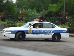 納蘇縣輔助警車停泊在樹葉旁，警員探出車窗。 — 警察 GIF 壁紙