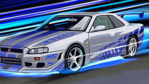 銀色日產Skyline GT-R帶藍色賽車條紋，動態模糊中疾馳。 — 凱迪拉克 壁紙
