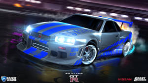 銀色日產Skyline GT-R在霓虹車庫中帶藍色條紋漂移。 — 4K 火箭聯盟 壁紙