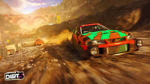 在遊戲《Dirt 5》中，拉力賽車在夕陽下飛馳於泥濘的山地地形。 — 電玩遊戲 GIF 壁紙