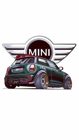 帶有金色輪圈和紅色點綴的綠色MINI Cooper，位於MINI標誌徽章下方。