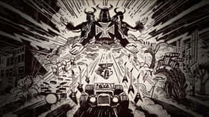 一輛復古汽車在混亂的黑白插圖中向一個惡魔般的人物疾馳。 — 恐怖反派 壁紙
