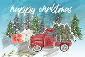 復古紅色卡車在雪地森林中運送松樹，搭配聖誕紅和「聖誕快樂」文字。 — 可愛聖誕節 壁紙