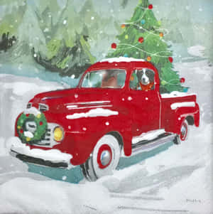 紅色復古卡車載著狗和聖誕樹在雪中行駛。 — 老福特卡車 壁紙