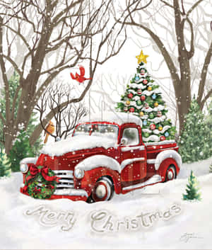 復古紅色卡車在雪地森林中載著裝飾好的聖誕樹，旁邊有紅衣主教鳥。 — Galaxy Z Fold 壁紙