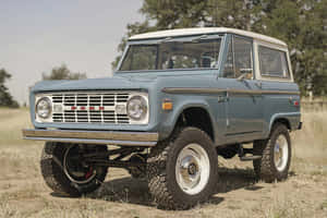 經典藍色福特Bronco，白色車頂，停放在乾燥草地上 — 福特 壁紙