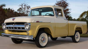 經典復古福特F100 pickup truck，黃色和奶油色塗裝，鍍鉻細節。 — 福特 壁紙