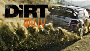 拉力賽車在泥濘的山地地形中飛馳，帶有 'Dirt Rally' 文字疊加。 — 電玩遊戲 GIF 壁紙