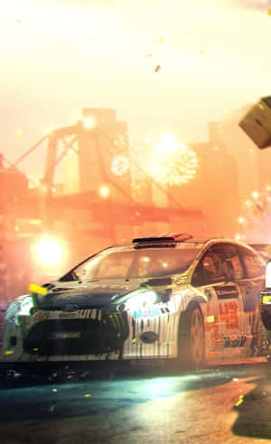 拉力賽車在夜間城市中奔馳，背景煙火爆炸。 — 電玩遊戲 GIF 壁紙