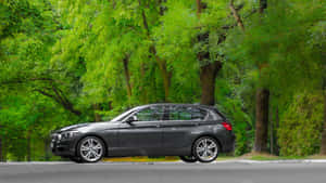 灰色BMW掀背車在晴朗日子停在綠樹旁。 — Mercedes Benz C300 壁紙