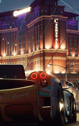 時尚跑車在黃昏時停放在燈火通明的賭場大樓前。 — 電玩遊戲 GIF 壁紙