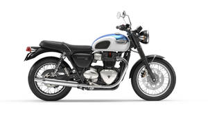 經典Triumph Bonneville T160機車，藍銀色，白色背景 — 藍白 壁紙