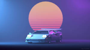 未來主義跑車在發光的復古太陽下，位於霓虹沙漠中。 — 霓虹車 壁紙