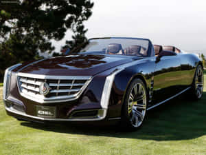 豪華栗色Cadillac Ciel敞篷車停在綠色草地上，後面有樹木。 — 凱迪拉克 壁紙