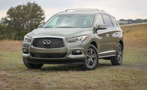 橄欖綠色 Infiniti QX60 SUV 停放在草地上，背景有樹木。 — Steam Deck OLED 壁紙