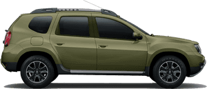 橄欖綠色雷諾 Duster SUV 側視圖，帶黑色飾條和銀色車頂行李架。
