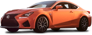 橙色Lexus運動雙門轎跑車，帶黑色飾邊和銀色輪圈。