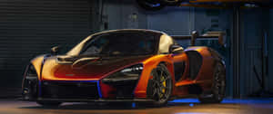橙色McLaren Senna跑車在帶藍色燈光的車庫中。 — 2560x1080 壁紙