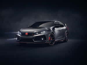 消光灰色本田思域Type R，帶有紅色點綴，在煙霧瀰漫的黑暗工作室中。 — 4:3 壁紙