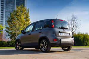 日落時分，灰色 Fiat Panda 停放在戶外，靠近樹木和建築物。 — 可愛熊貓 壁紙