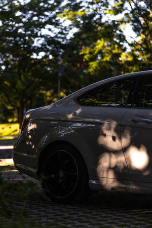 灰色汽車停在枝葉繁茂的樹下，陽光在其側面投下斑駁的陰影。 — Mercedes Benz C300 壁紙