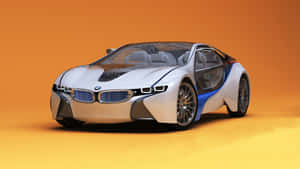 時尚的白色BMW概念車，帶有藍色飾邊和透明車門，橙色漸變背景。 — 跑車 壁紙