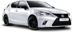 白色Lexus CT 200h混合動力車，黑色輪圈，黑色背景