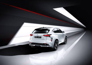 白色Lexus NX SUV在充滿動感燈光的高科技隧道中。 — 汽車 iPhone 壁紙