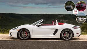 白色保時捷 Boxster 敞篷跑車，紅色座椅，停泊在碎石路上，靠近綠色山丘。 — 天際線 壁紙