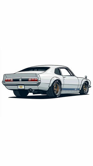 白色經典肌肉車，帶有藍色條紋和金色輪圈，從後方觀看。 — 卡通 壁紙