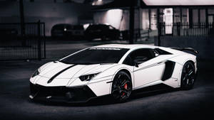 白色藍寶堅尼Aventador，帶有黑色細節，停在黑暗的城市環境中。 — 汽車 壁紙