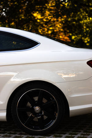 白色跑車配黑色輪圈，停在秋樹附近的鵝卵石上。 — Mercedes Benz C300 壁紙