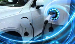 白色電動車連接到發光的藍色電動車充電站，帶有旋轉的光效。