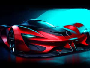 紅色未來主義跑車在黑暗工作室中被藍色霓虹燈照亮。 — 動漫汽車 壁紙