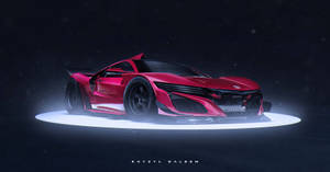 紅色未來主義跑車在黑暗環境中被發光的圓形燈光照亮。 — Acura 壁紙